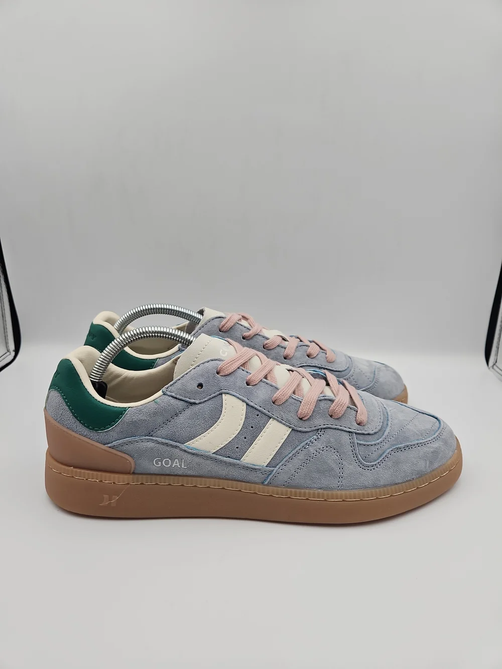 Coolway Light Blue Suede Sneakers with Cream Stripes and Pink Laces